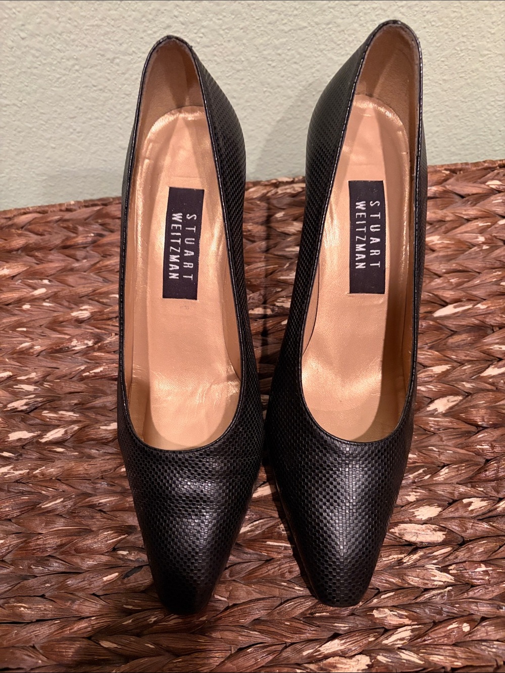 Stuart Weitzman Black Textured Pointed-Toe Pumps